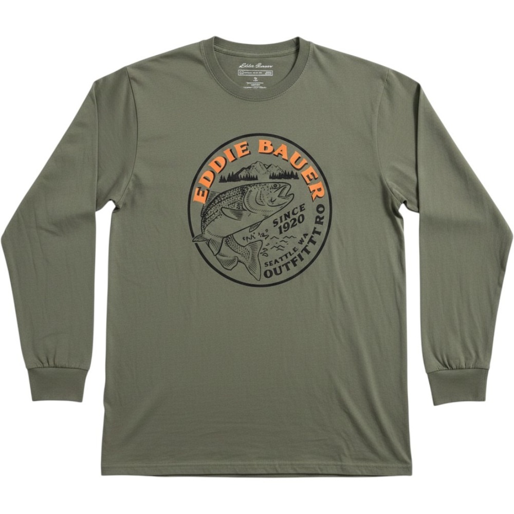 Eddie Bauer Mens XL Tall Green Long Sleeve Trout Fishing Graphic T-Shirt Cotton